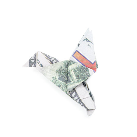 Origami bird made of dollar banknotes on white backgroundの写真素材