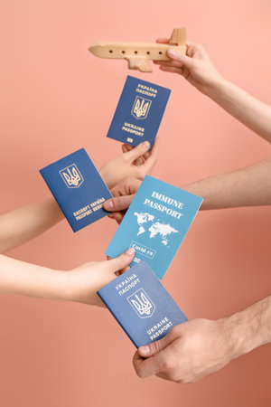 Women holding Ukrainian and immune passports with wooden airplane on pink backgroundの写真素材
