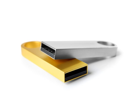 Metallic USB flash drives isolated on white backgroundの写真素材