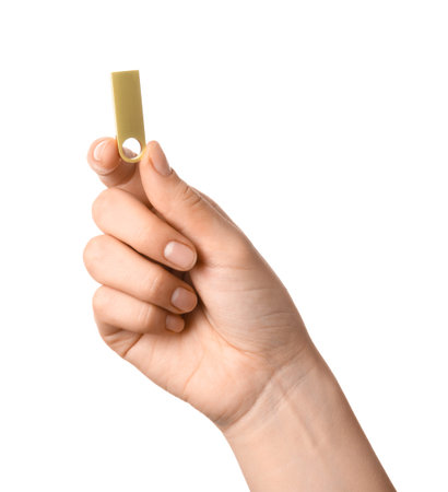 Woman holding golden USB flash drive isolated on white background