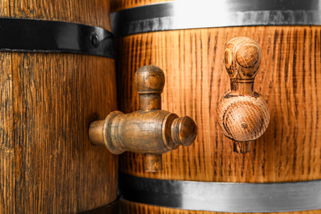 Oak barrels with taps and metal hoops as background, closeupの写真素材
