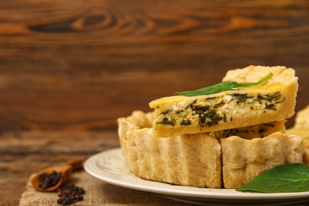 Plate with pieces of delicious quiche on brown wooden backgroundの写真素材