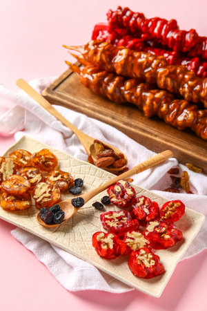Board with delicious churchkhela and raisins on pink backgroundの写真素材