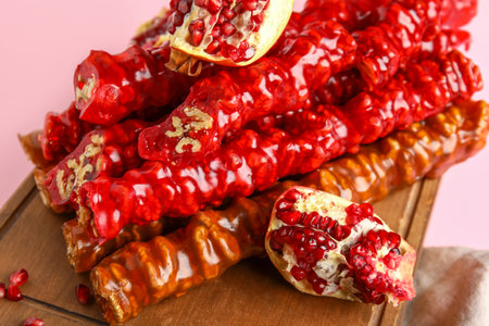Board with delicious churchkhela and pomegranate on pink backgroundの写真素材