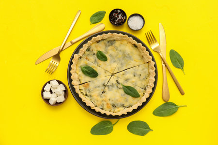 Plate with pieces of delicious quiche, feta cheese and spices on yellow backgroundの写真素材