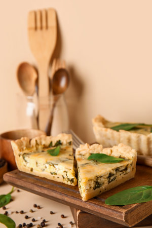 Board with pieces of delicious quiche on beige backgroundの写真素材