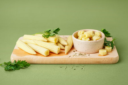 Wooden board with cut and whole canned baby corn cobs on olive backgroundの写真素材