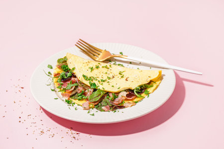 Tasty omelet with ham and greens on pink backgroundの写真素材
