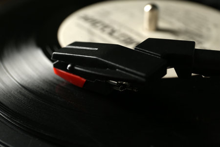 Record player with vinyl disk, closeupの写真素材