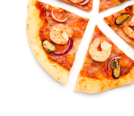 Slices of tasty seafood pizza isolated on white background, closeupの写真素材