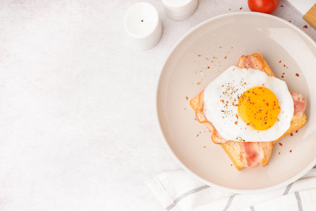 Delicious sandwich with fried egg and bacon on light backgroundの写真素材