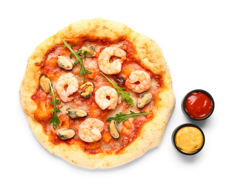 Tasty seafood pizza and sauces isolated on white backgroundの写真素材