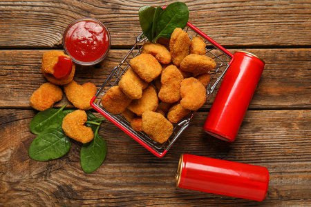Basket of tasty nuggets with ketchup on wooden backgroundの写真素材