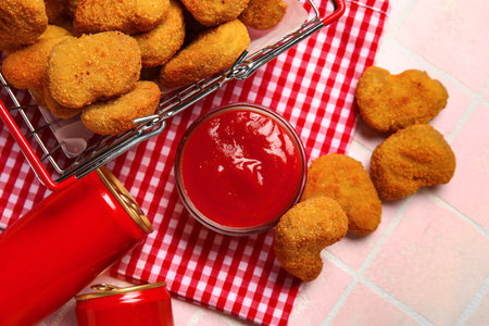 Bowl with ketchup and tasty nuggets on pink tile backgroundの写真素材