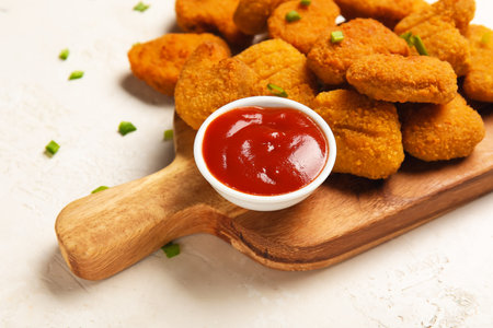 Wooden board with tasty nuggets and ketchup on light background, closeupの写真素材