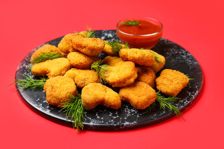 Slate board of tasty nuggets with ketchup on red backgroundの写真素材