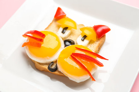 Plate with funny children's breakfast in shape of cat, closeup