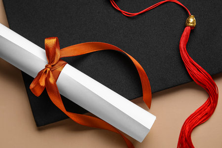 Diploma with red ribbon and graduation hat on beige tableの写真素材