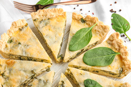 Board with pieces of delicious quiche on green background