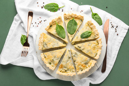 Board with pieces of delicious quiche on green backgroundの写真素材