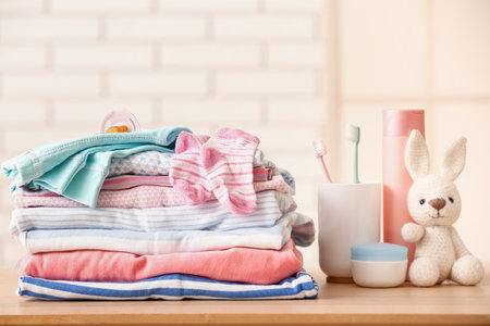 Stack of different baby clothes, cosmetics and accessories on table in room, closeupの写真素材