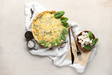 Napkin with delicious quiche, spinach leaves and bowl of feta cheese on gray backgroundの写真素材