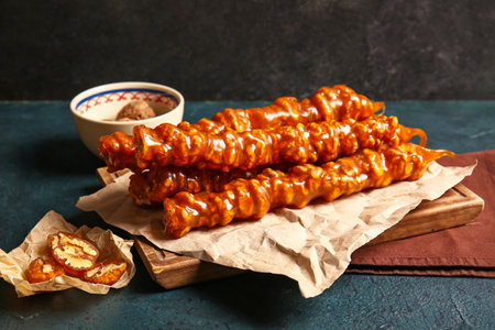 Wooden board with tasty churchkhela on dark backgroundの写真素材