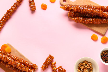 Frame made of tasty churchkhela, walnuts and dried fruits on pink background, closeupの写真素材