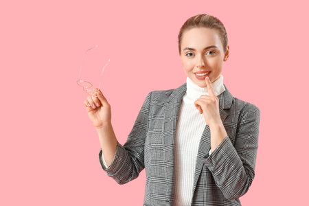 Thoughtful young businesswoman with eyeglasses on pink backgroundの写真素材