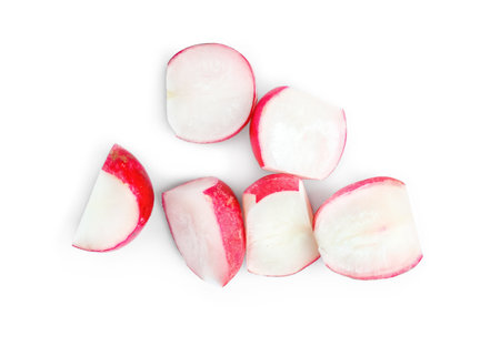 Fresh cut radish isolated on white backgroundの写真素材