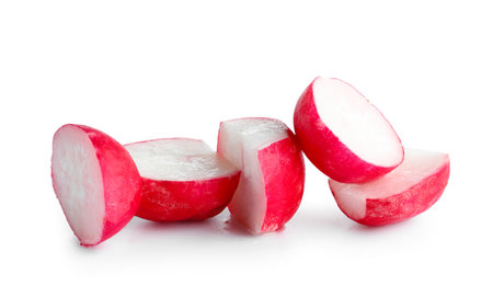 Fresh cut radish isolated on white backgroundの写真素材
