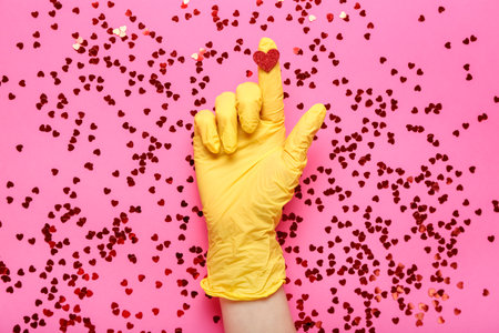 Woman in rubber glove with hearts on pink backgroundの写真素材
