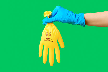 Female hand and medical glove with drawn face on green background