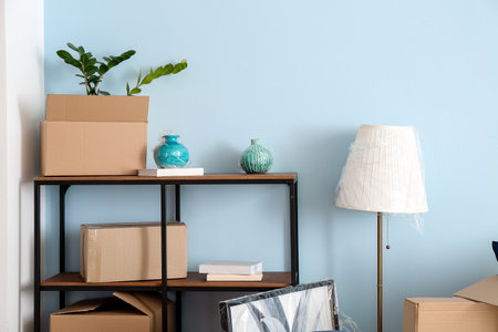 Cardboard boxes with accessories and rack in new flat on moving dayの写真素材