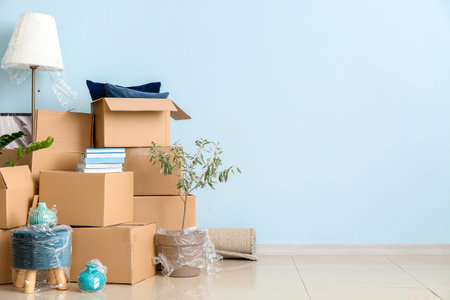 Cardboard boxes with accessories in new flat on moving day