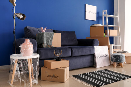 Cardboard boxes with accessories in new flat on moving dayの写真素材