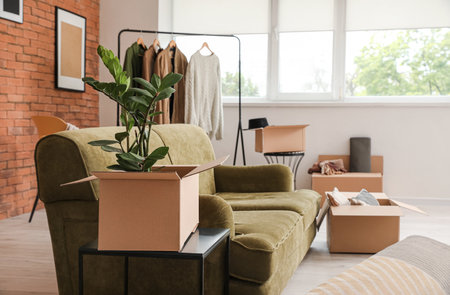 Cardboard boxes with accessories and sofa in new flat on moving dayの写真素材