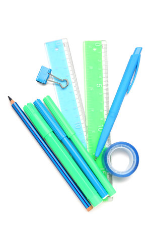Stationery supplies on white backgroundの写真素材
