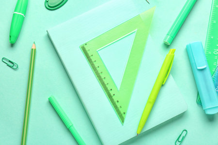 Different stationery supplies on blue backgroundの写真素材