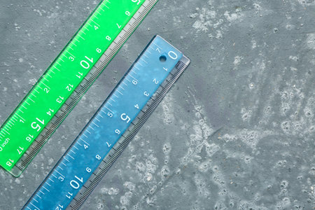 Green and blue plastic rulers on dark grunge backgroundの写真素材