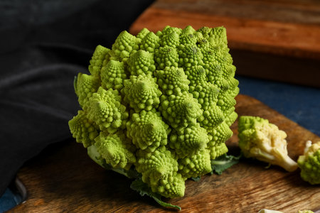 Wooden board with romanesco cabbage on blue grunge tableの写真素材