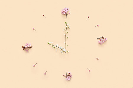 Clock made of tree branches and flowers on beige backgroundの写真素材