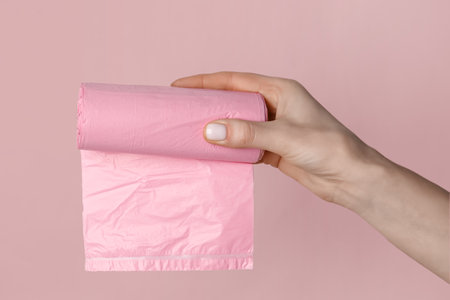 Female hand holding roll of garbage bags on pink backgroundの写真素材