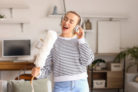 Young woman with pp-duster singing at home