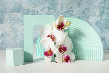 Decorative plaster podiums and beautiful orchid flowers on white table near blue wallの写真素材