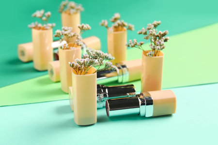 Lipsticks with flowers on color background, closeup