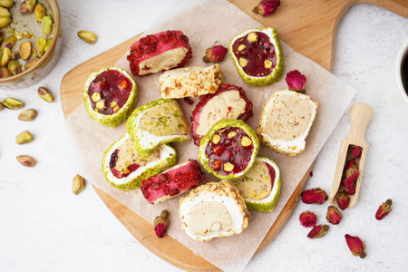 Wooden board with tasty Turkish Delight on light backgroundの写真素材