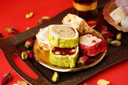 Tray with tasty Turkish delight on red background, closeupの写真素材