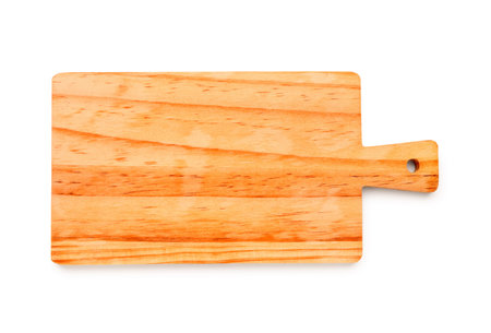 Wooden cutting board isolated on white backgroundの写真素材
