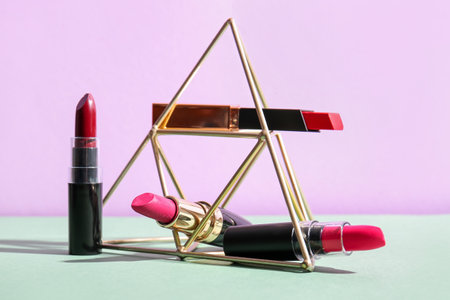 Stand with lipsticks on table near lilac wallの写真素材